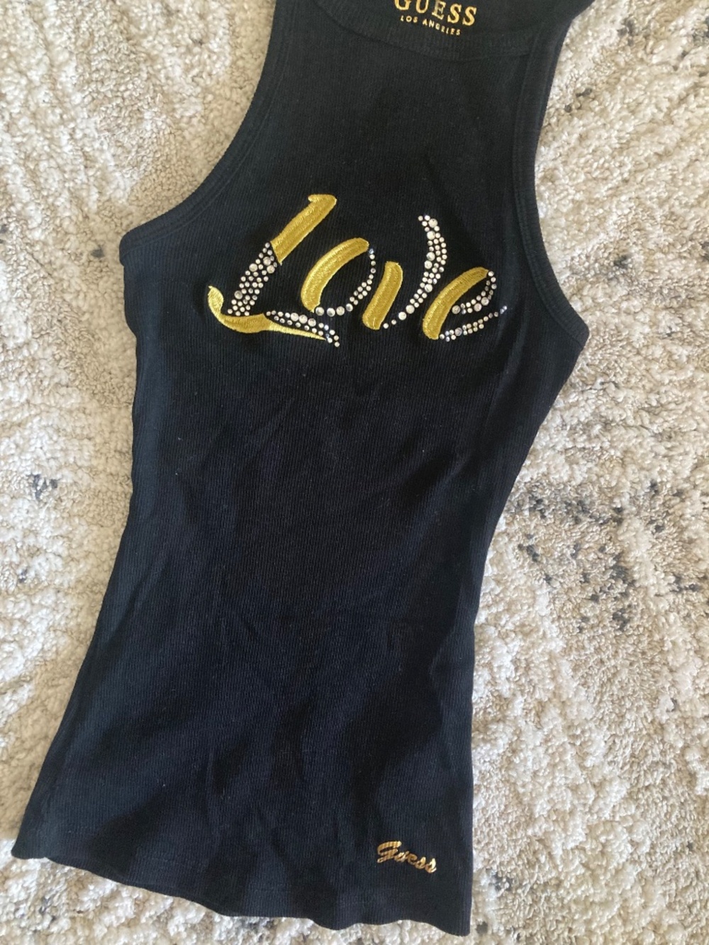 Guess black gold crystal studded logo halter sleeveless tank ribbed top xs - Picture 3 of 4